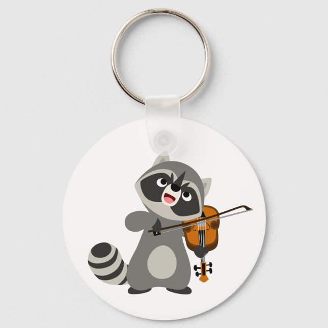 Cute Cartoon Racoon Playing Violin Key Ring (Front)