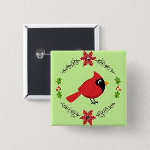 Cute Cartoon Red Cardinal with Flowers 15 Cm Square Badge
