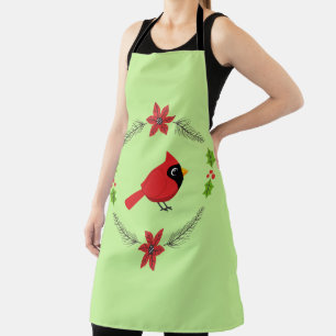Cute Cartoon Red Cardinal with Flowers Apron