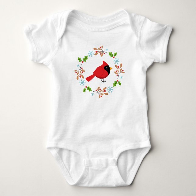 Cute Cartoon Red Cardinal with Flowers Baby Bodysuit (Front)