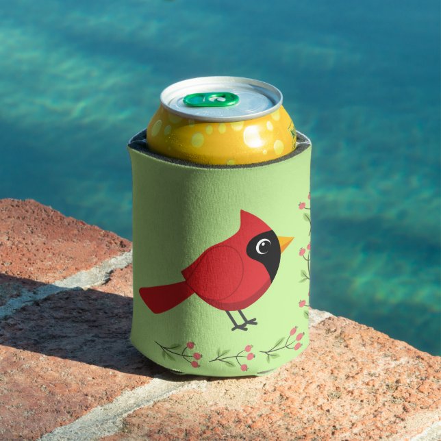 Cute Cartoon Red Cardinal with Flowers Can Cooler (In Situ Pool)