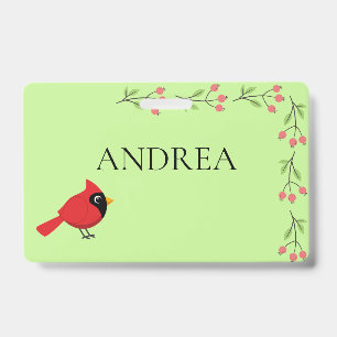 Cute Cartoon Red Cardinal with Flowers ID Badge