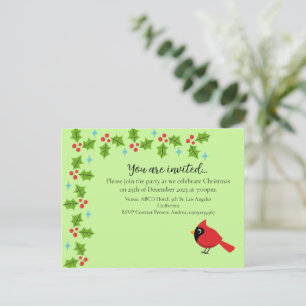 Cute Cartoon Red Cardinal with Flowers Invitation Postcard