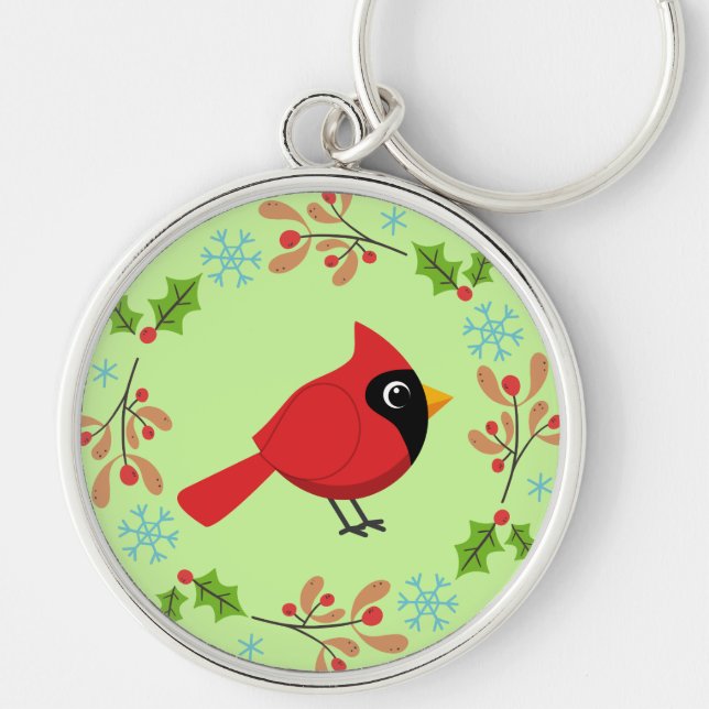 Cute Cartoon Red Cardinal with Flowers Key Ring (Front)