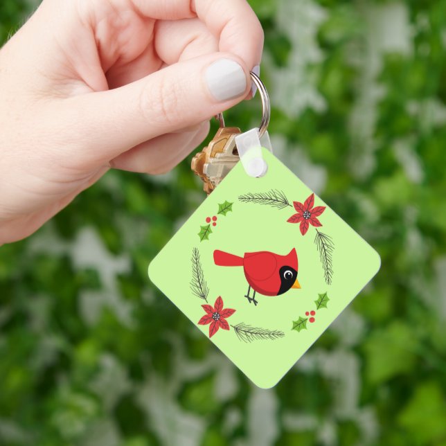 Cute Cartoon Red Cardinal with Flowers Key Ring (Hand)