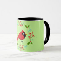 Cute Cartoon Red Cardinal with Flowers