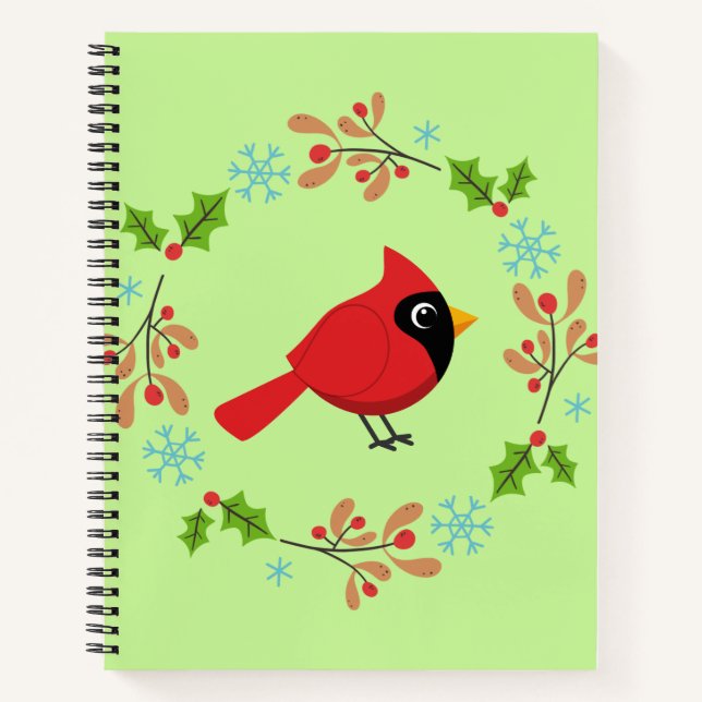 Cute Cartoon Red Cardinal with Flowers Notebook (Front)