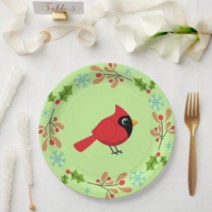 Cute Cartoon Red Cardinal with Flowers Paper Plate