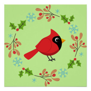 Cute Cartoon Red Cardinal with Flowers Poster