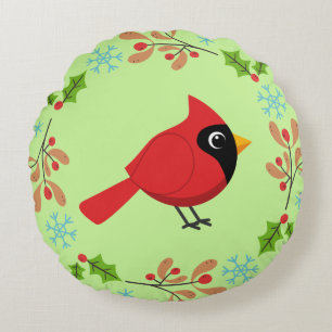 Cute Cartoon Red Cardinal with Flowers Round Cushion