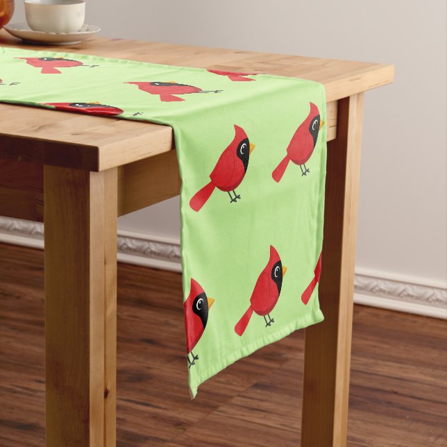 Cute Cartoon Red Cardinal with Flowers Short Table Runner (In Situ)