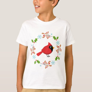 Cute Cartoon Red Cardinal with Flowers T-Shirt