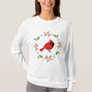 Cute Cartoon Red Cardinal with Flowers T-Shirt