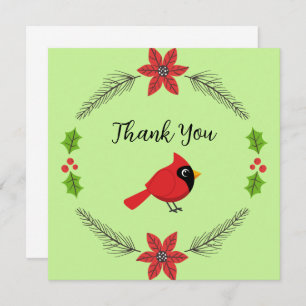 Cute Cartoon Red Cardinal with Flowers Thank You Card