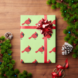Cute Cartoon Red Cardinal with Flowers Wrapping Paper
