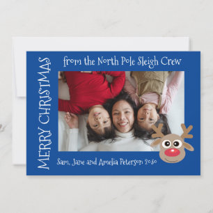 Cute Cartoon Reindeer Blue Christmas Photo Holiday Card