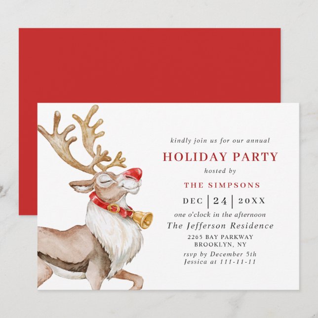 Cute Cartoon Reindeer Christmas Holiday Party Invitation (Front/Back)
