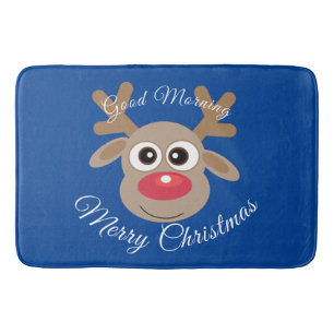 Cute Cartoon Reindeer Christmas White Script Blue Bath Mat