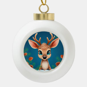 Cute Cartoon Reindeer in Winter with Pine Cones Ceramic Ball Christmas Ornament