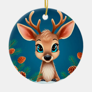 Cute Cartoon Reindeer in Winter with Pine Cones Ceramic Tree Decoration