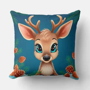Cute Cartoon Reindeer in Winter with Pine Cones Cushion