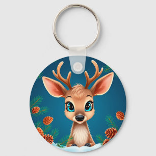 Cute Cartoon Reindeer in Winter with Pine Cones Key Ring