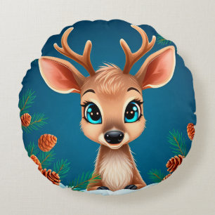 Cute Cartoon Reindeer in Winter with Pine Cones Round Cushion
