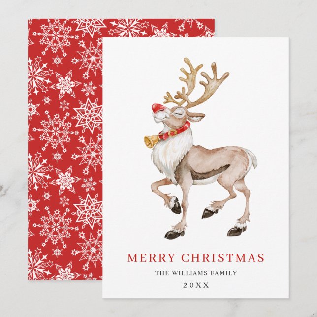Cute Cartoon Reindeer Merry Christmas Greeting Holiday Card (Front/Back)