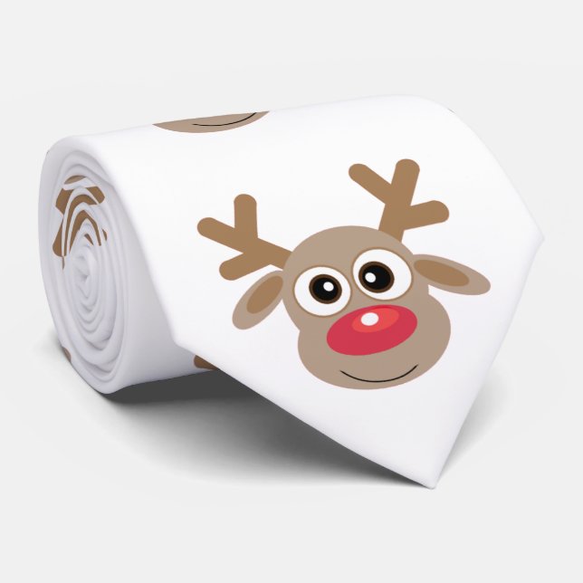 Cute Cartoon Reindeer Pattern Christmas Fun White Tie (Rolled)