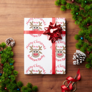 Cute Cartoon Reindeer Pattern Fun White Red Name Wrapping Paper
