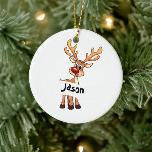 Cute cartoon reindeer personalised Christmas Ceramic Tree Decoration