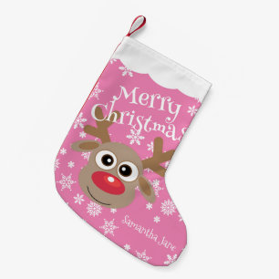 Cute Cartoon Reindeer White Snowflakes Girly Pink Small Christmas Stocking