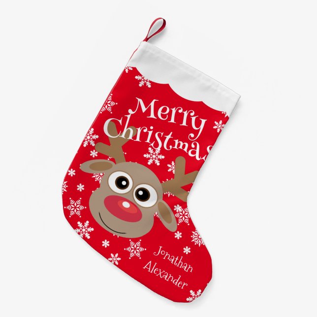 Cute Cartoon Reindeer White Snowflakes Red Name Small Christmas Stocking (Front (Hanging))