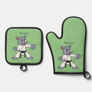Cute cartoon rhino kung fu cartoon oven mitt & pot holder set