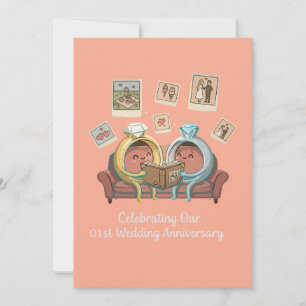 Cute Cartoon Rings 1st Wedding Anniversary Couple  Invitation