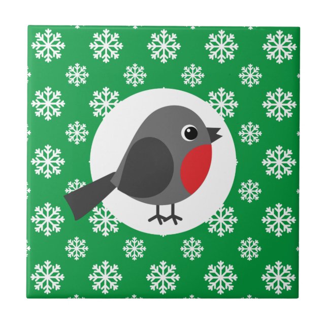 Cute Cartoon Robin with the Snowflakes Tile (Front)