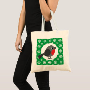Cute Cartoon Robin with the Snowflakes Tote Bag