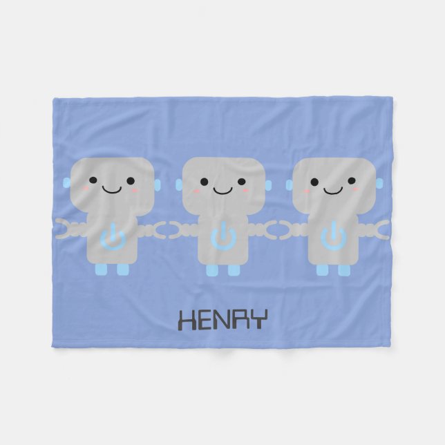Cute Cartoon Robot Blue Fleece Blanket (Front (Horizontal))