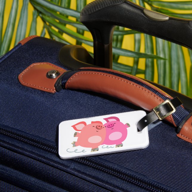 Cute Cartoon Roller-Skating Pigs Luggage Tag (Front Insitu 3)