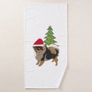 Cute Cartoon Sable Pomeranian in a Santa Hat   Bath Towel