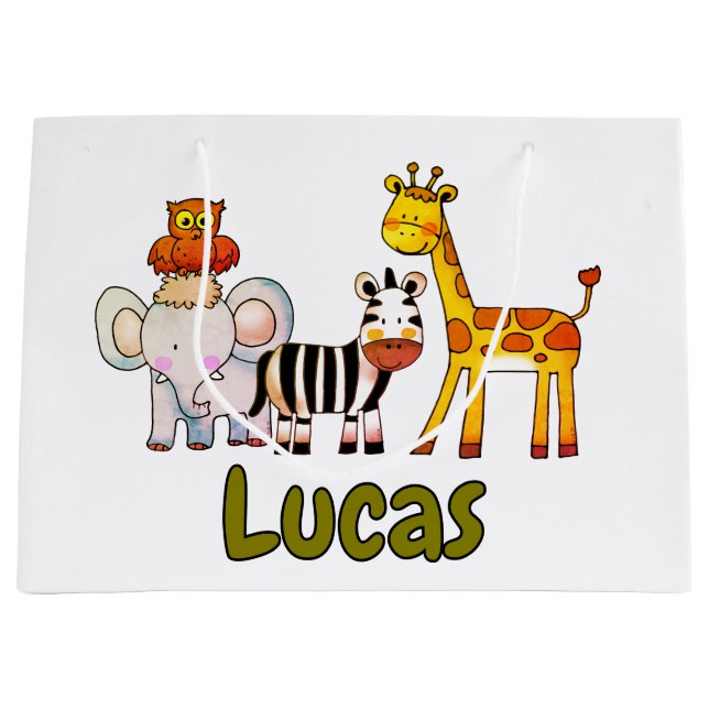 Cute Cartoon Safari Animals custom name Large Gift Bag (Front)