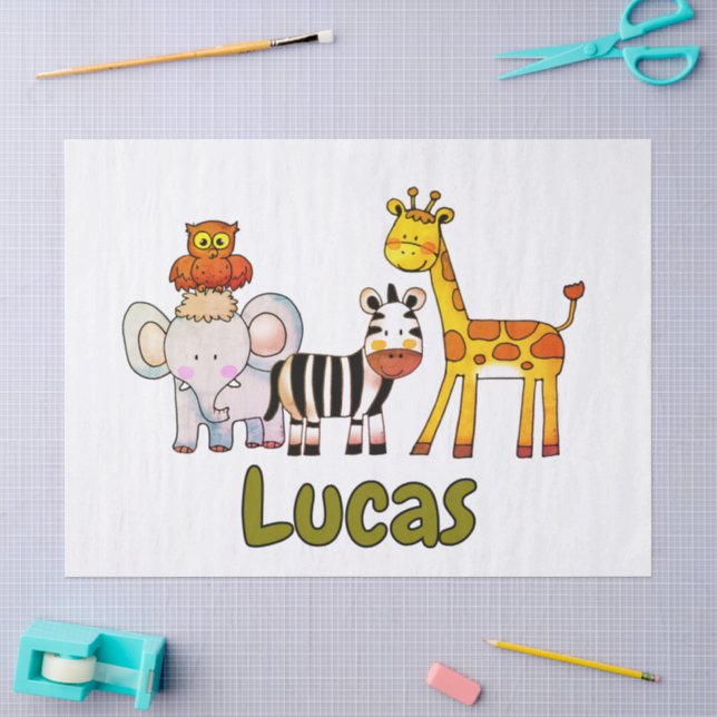 Cute Cartoon Safari Animals custom name Tissue Paper (Craft)