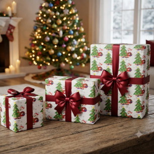 Cute Cartoon Santa and Christmas Tree Kids  Wrapping Paper