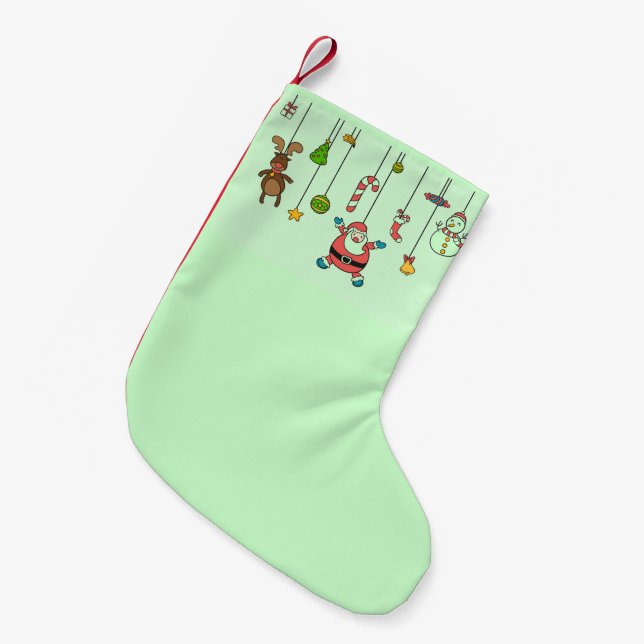 Cute cartoon santa and friends on green mint small christmas stocking (Front (Hanging))