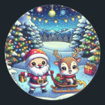 Cute Cartoon Santa and Reindeer Christmas Classic Round Sticker<br><div class="desc">Adorable Cartoon Santa and Reindeer Christmas Sticker. Santa and reindeer standing in a pretty whimsical winter wonderland festive holiday stickers.</div>