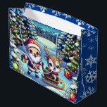 Cute Cartoon Santa and Reindeer Christmas Large Gift Bag<br><div class="desc">Adorable Cartoon Santa and Reindeer Christmas gift bag. Santa and reindeer standing in a pretty whimsical winter wonderland. Blue snowflake background.</div>
