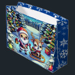 Cute Cartoon Santa and Reindeer Christmas Large Gift Bag<br><div class="desc">Adorable Cartoon Santa and Reindeer Christmas gift bag. Santa and reindeer standing in a pretty whimsical winter wonderland. Blue snowflake background.</div>