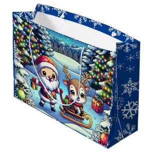 Cute Cartoon Santa and Reindeer Christmas Large Gift Bag