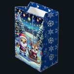 Cute Cartoon Santa and Reindeer Christmas Medium Gift Bag<br><div class="desc">Adorable Cartoon Santa and Reindeer Christmas gift bag. Santa and reindeer standing in a pretty whimsical winter wonderland. Blue snowflake background.</div>