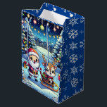 Cute Cartoon Santa and Reindeer Christmas Medium Gift Bag<br><div class="desc">Adorable Cartoon Santa and Reindeer Christmas gift bag. Santa and reindeer standing in a pretty whimsical winter wonderland. Blue snowflake background.</div>